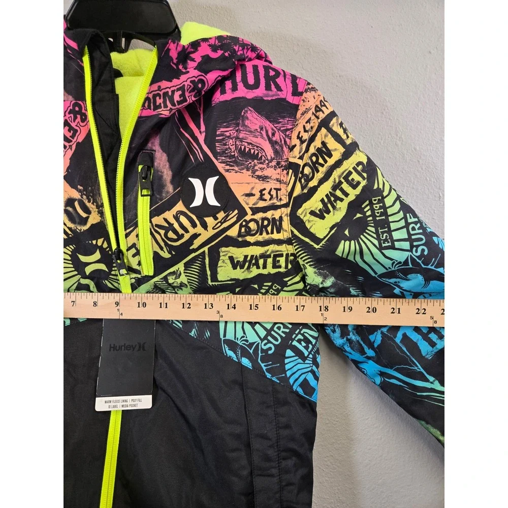 Hurley Neon Graffiti Graphic Fleece Lined Hooded Puffer Jacket Size Medium